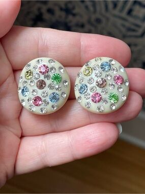 Vintage plastic/celluloid rounded clip-on earrings w/ colorful rhinestones